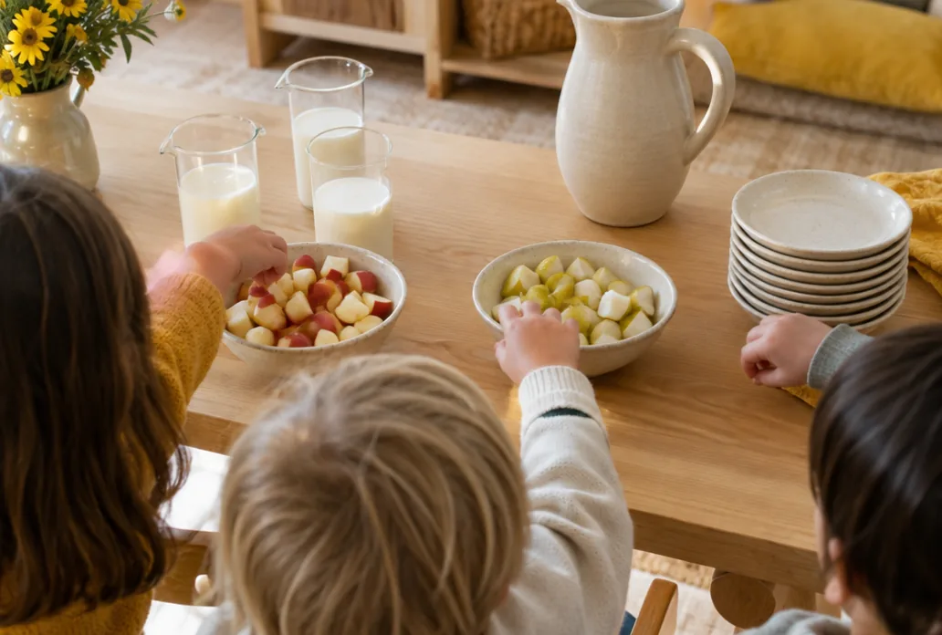 A nursery snack table with bowls of chopped fruit and beakers of milk