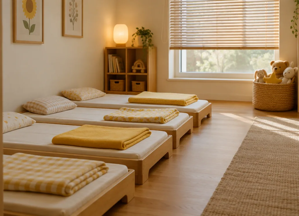 The quiet room with sleep mats and folded blankets