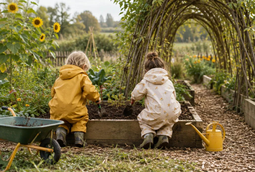 Children in waterproofs digging in the raised beds
