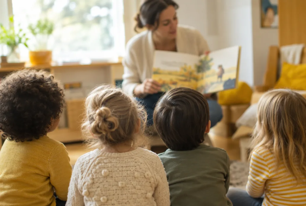 A practitioner reading a picture book to a circle of children