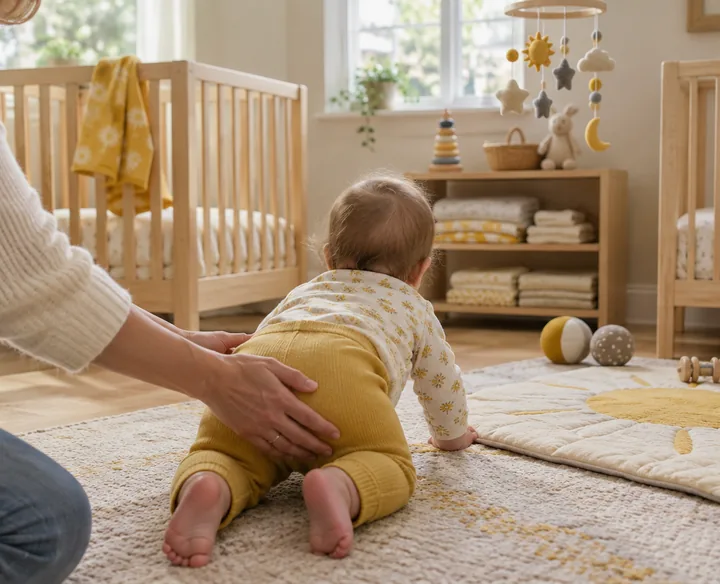A baby crawling on a rug in the Acorns room