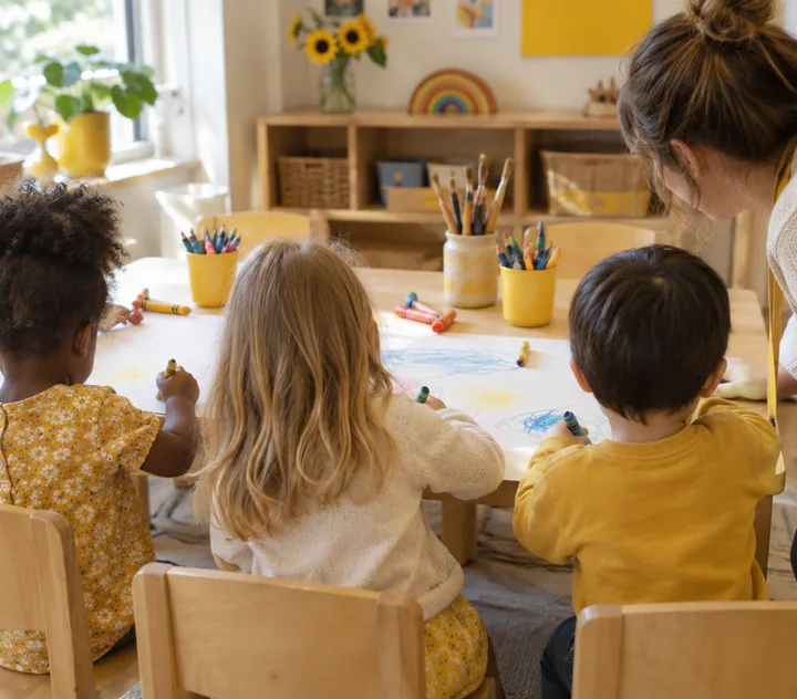 Children drawing at the preschool mark-making table