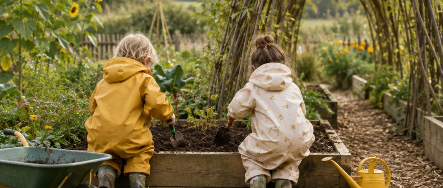 Children in waterproofs digging in the nursery raised beds