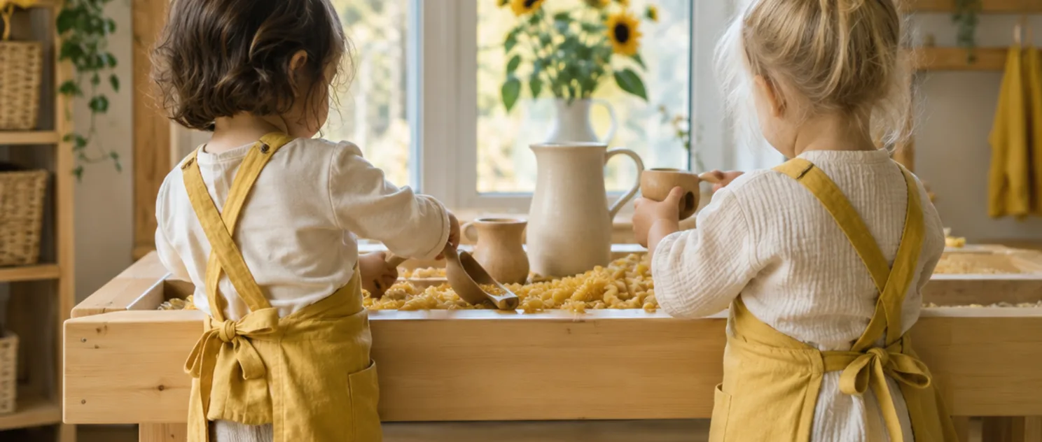 Two toddlers at a wooden workbench, seen from behind