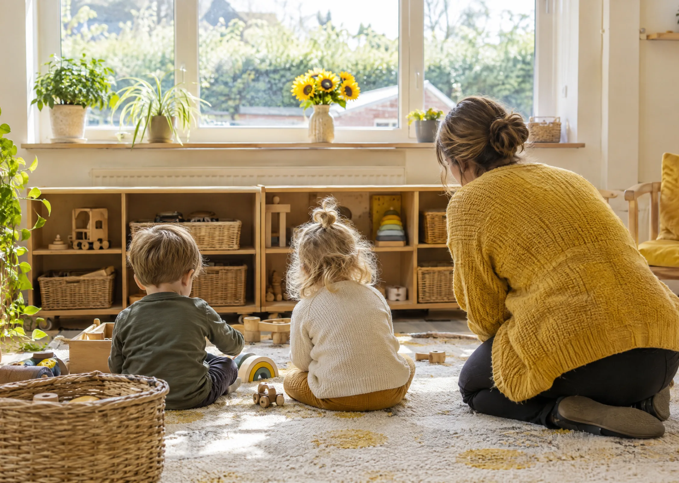 The Saplings room on a bright morning, children playing on the rug