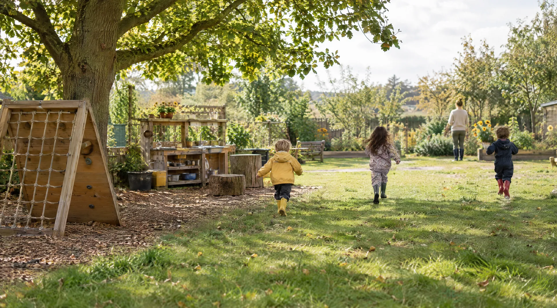 Children running across the nursery garden